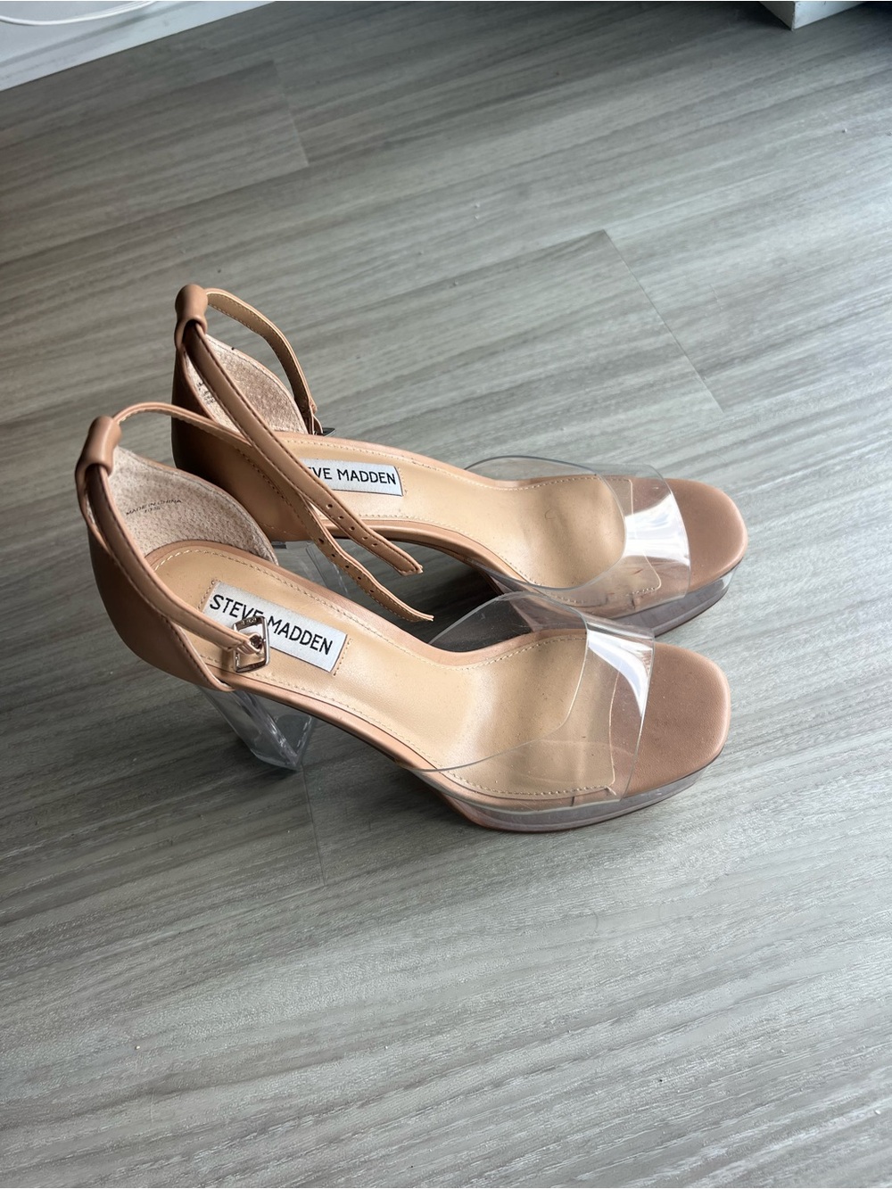 Steve Madden Tan and Clear Slingback Block Heels